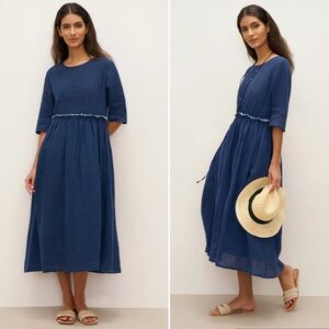 New Lintico 100% Linen Petal-Waist Navy Blue Drawstring Midi Dress